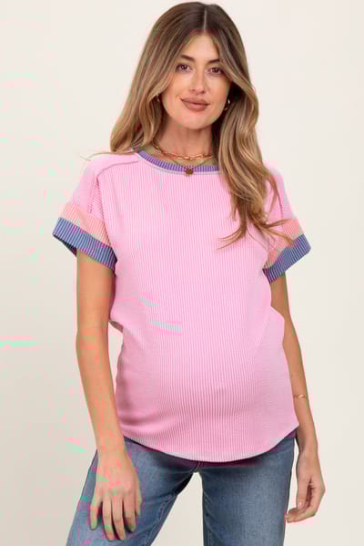 PinkBlush Pink Ribbed Colorblock Detail Maternity Short Sleeve Top