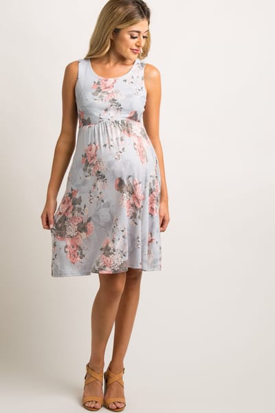 PinkBlush Light Grey Floral Sleeveless Maternity Dress