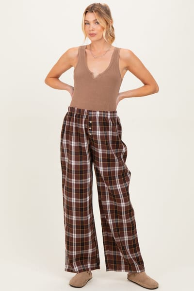 Hyfve Brown Plaid Wide Leg Maternity Lounge Pants