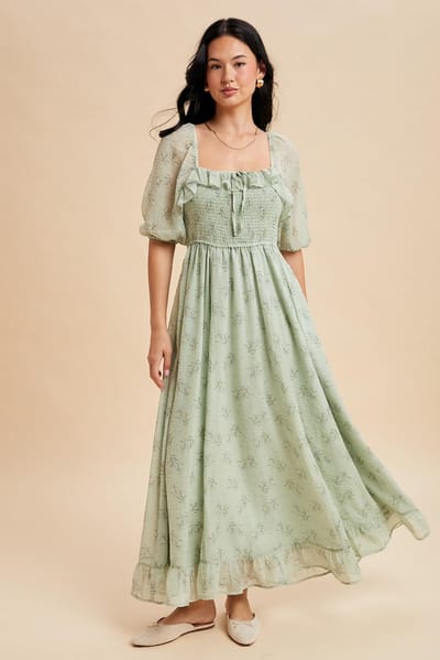 In Loom Sage Floral Chiffon Smocked Ruffle Maxi Dress