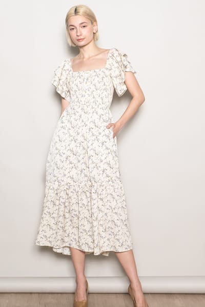 Elloh Ivory Floral Smocked Flutter Sleeve Midi Dress