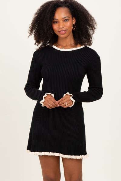 So Me Black Ribbed Knit Contrast Ruffle Trim Mini Dress