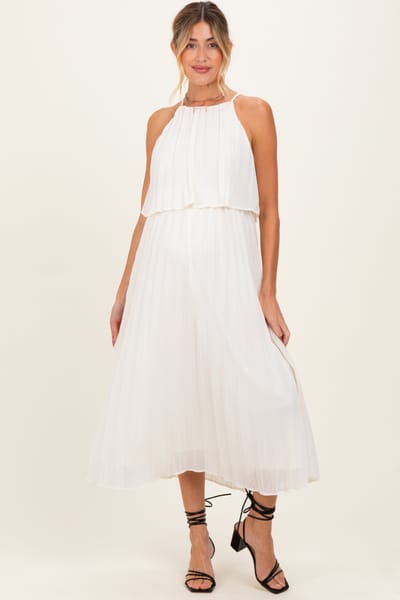 PinkBlush Cream Pleated Woven Maternity Midi Dress