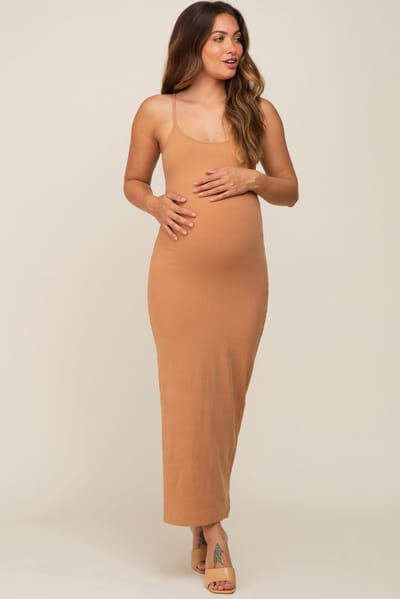 PinkBlush Camel Ribbed Basic Maternity Midi Dress