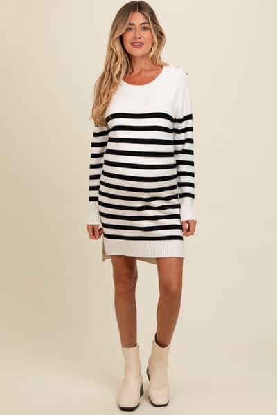 Rhea + Thea Ivory Striped Basic Maternity Sweater Dress