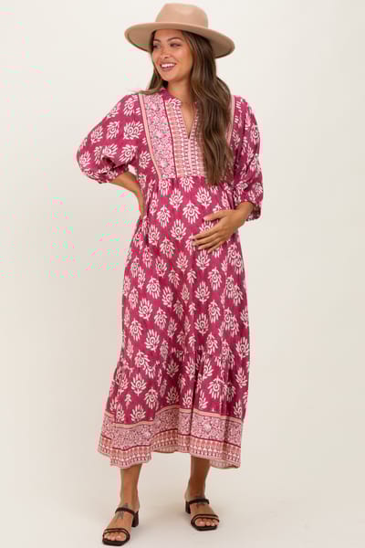 Umgee Pink Floral Contrast Print 3/4 Sleeve Maternity Midi Dress