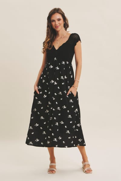 In February Black Crochet Sweater Floral Embroidery Midi Dress