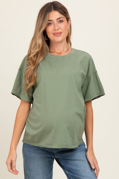 PinkBlush Olive Boxy Raw Edge Maternity Short Sleeve Tee