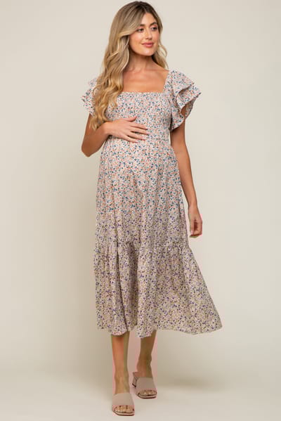 Elloh Cream Floral Flutter Maternity Midi Dress