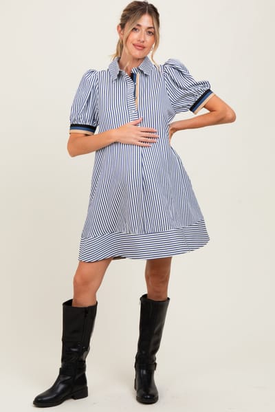 Entro Navy Blue Striped Puff Sleeve Maternity Mini Shirt Dress