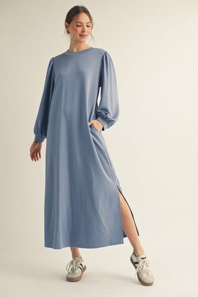 Jodifl Blue Side Slit Detail Solid Midi Dress