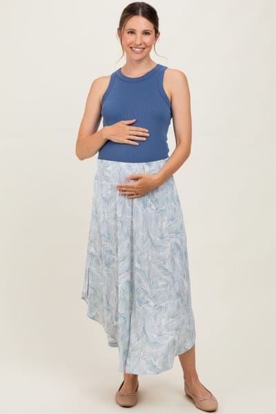 PinkBlush Blue Printed Smocked Waist Round Hem Maternity Midi Skirt