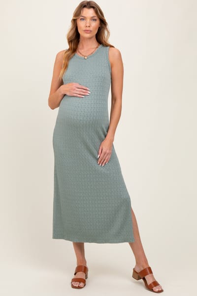 Les Amis Green Jacquard Sleeveless Side Slit Maternity Midi Dress