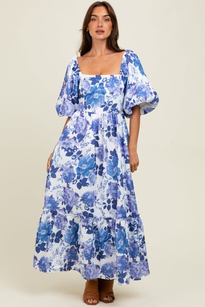 Sweet Lemon Blue Floral Square Neck Puffed Sleeve Maxi Dress