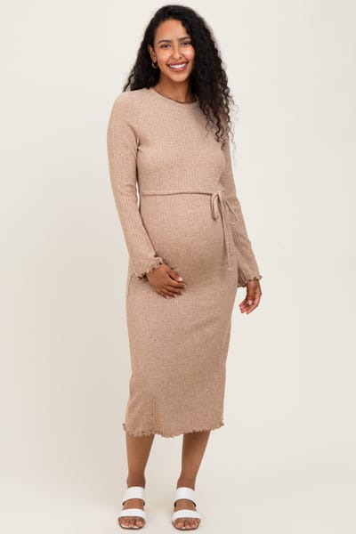 PinkBlush Camel Ribbed Ruffle Accent Long Sleeve Maternity Midi Dress