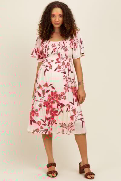 Chris & Carol Fuchsia Floral Smocked Flutter Sleeve Maternity Midi Dress