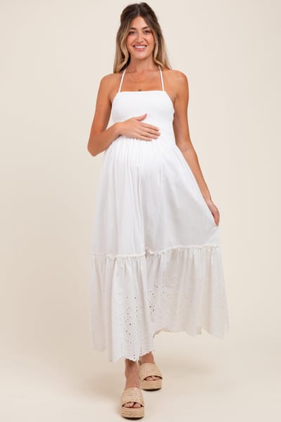 Mable White Smocked Open Back Lace Hem Maternity Maxi Dress