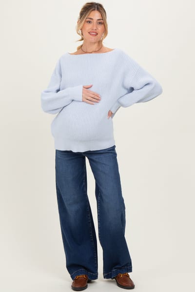 Le Lis Baby Blue Chunky Knit Boat Neck Maternity Sweater