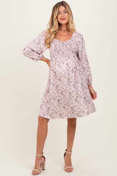 Polagram Pink Floral Sweetheart Neck Smocked Maternity Dress