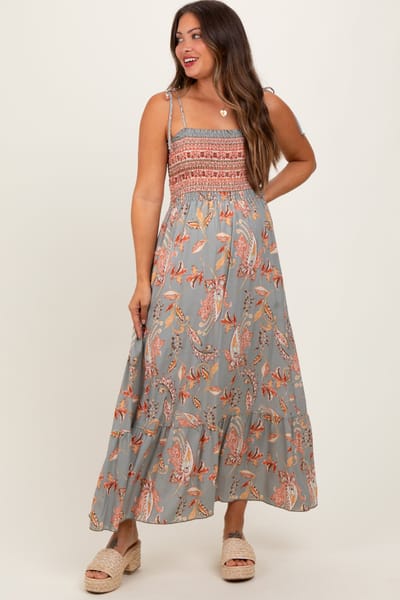 ADORA Olive Paisley Shoulder Tie Smocked Maternity Maxi Dress