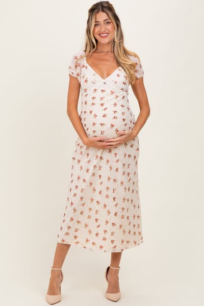 BaeVely Cream Floral Chiffon Maternity Maxi Dress
