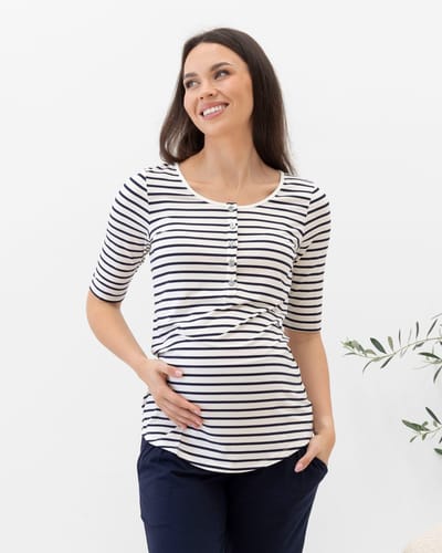 Angel Maternity Maternity Nursing Tee with Button Front - Navy Stripes