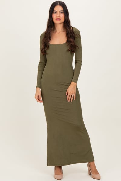 Shop Iris Basic Olive Square Neck Long Sleeve Maxi Dress