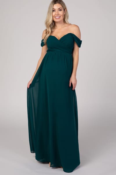 Maniju PinkBlush Forest Green Off Shoulder Chiffon Maxi Maternity Dress