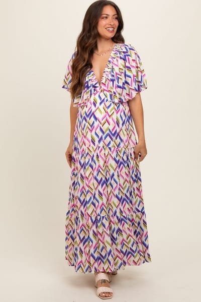 PinkBlush Multicolor Printed Deep V-Neck Tiered Maternity Maxi Dress