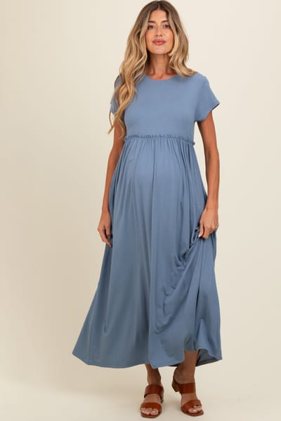 Rhea + Thea Blue Ruffle Trim Maternity Maxi Dress