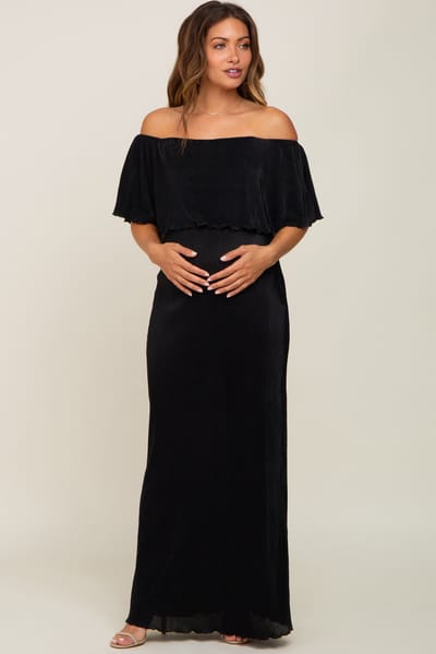 PinkBlush Black Pleated Ruffle Off Shoulder Maternity Maxi Dress