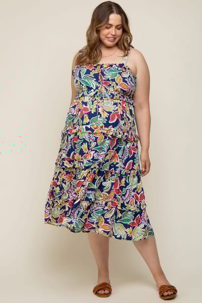 PinkBlush Navy Blue Multi-Color Floral Sleeveless Tiered Maternity Plus Midi Dress