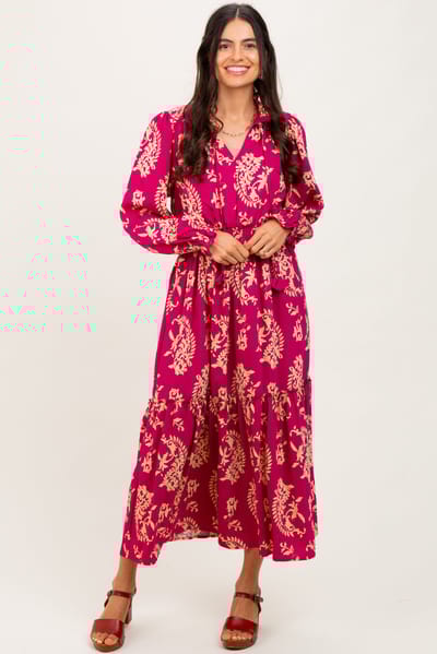 Umgee Magenta Damask Front Tie Smocked Waist Midi Dress