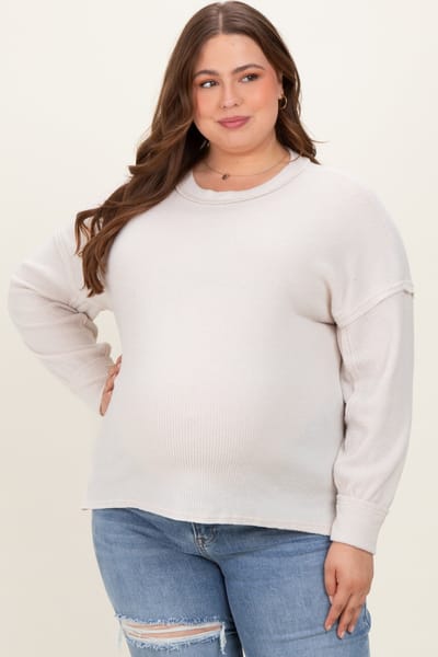 Zenana Outfitters Cream Brushed Ribbed Knit Maternity Plus Pullover