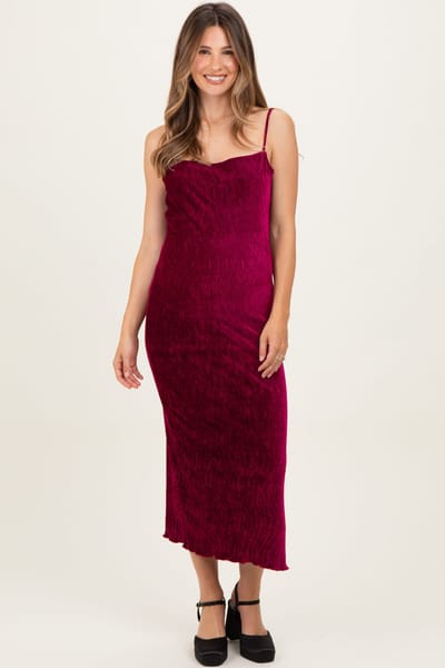 PinkBlush Burgundy Velvet Sleeveless Side Slit Maternity Midi Dress