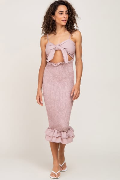 Mable Mauve Gingham Print Smocked Fitted Self-Tie Midi Dress