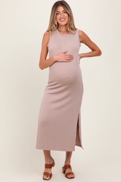 Eesome Light Taupe Ribbed Sleeveless Side Slit Maternity Midi Dress