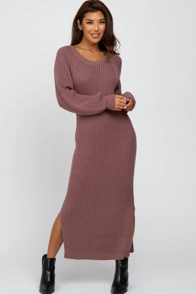 In Loom Mauve Side Slit Maxi Sweater Dress