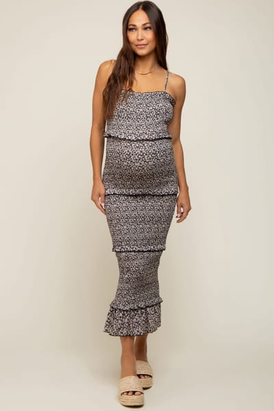PinkBlush Black Floral Smocked Ruffle Tier Maternity Midi Dress