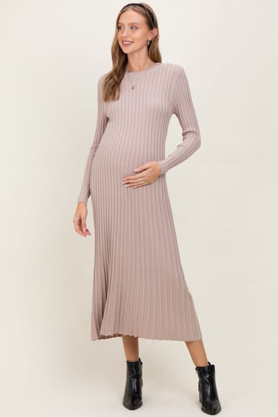 PinkBlush Beige Ribbed Long Sleeve Maternity Sweater Midi Dress