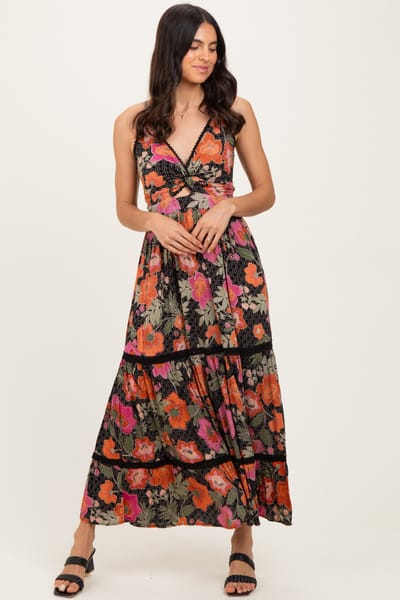 Angie Black Floral Twisted Front Lace Detail Maxi Dress