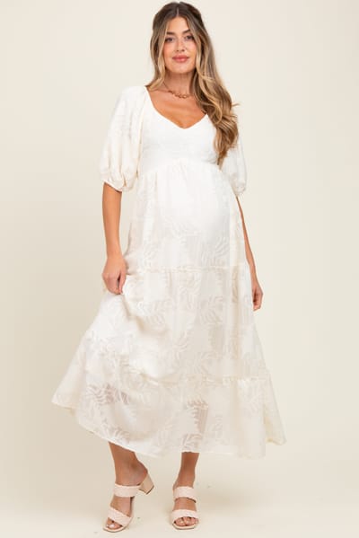 Polagram Cream Leaf Textured Tiered Midi Maternity Dress