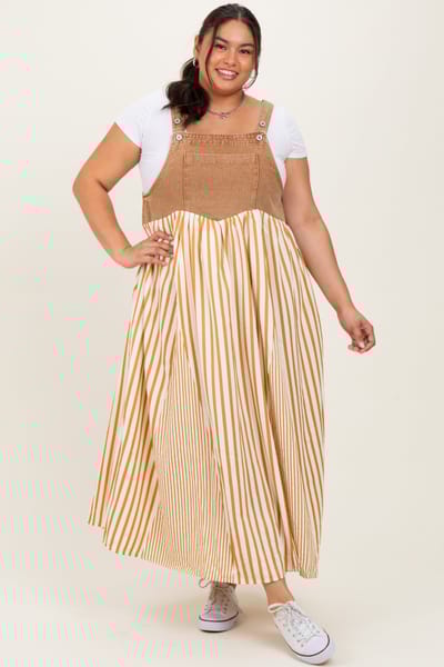 ODDI Camel Striped Colorblock Denim Contrast Plus Maxi Dress