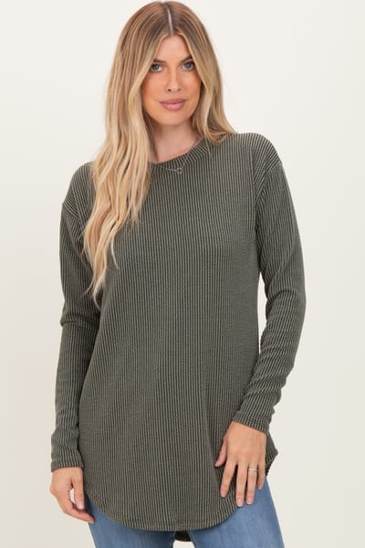 Rhea + Thea Olive Solid Ribbed Long Sleeve Tunic Top
