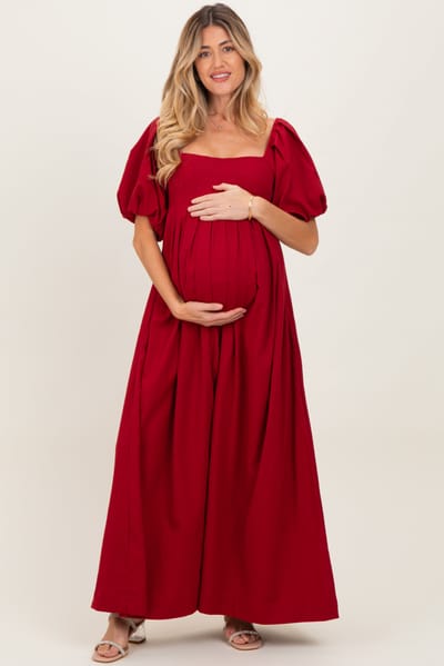 PinkBlush Burgundy Square Neck Puff Sleeve Maternity Maxi Dress