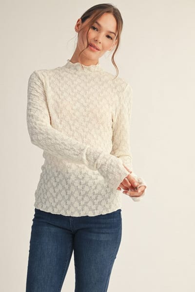 Jodifl Ivory Thumbhole Sleeves Mock Neck Lace Top