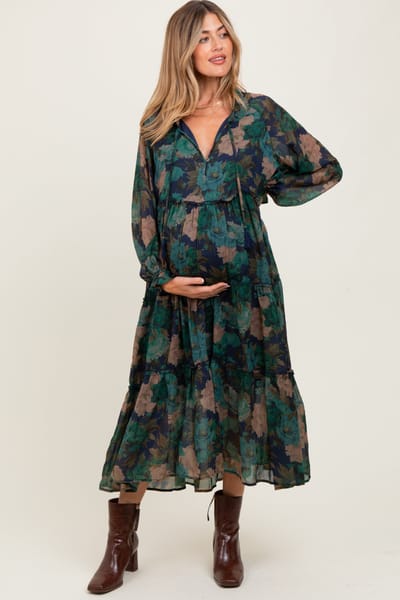 PinkBlush Navy Floral Chiffon Ruffle Tiered Maternity Midi Dress