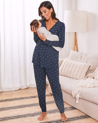 Angel Maternity 3 Piece Maternity & Nursing Lounge PJ Outfit - Navy Polkadots