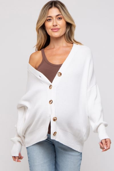 Miracle White Basic Ribbed Maternity Cardigan Sweater