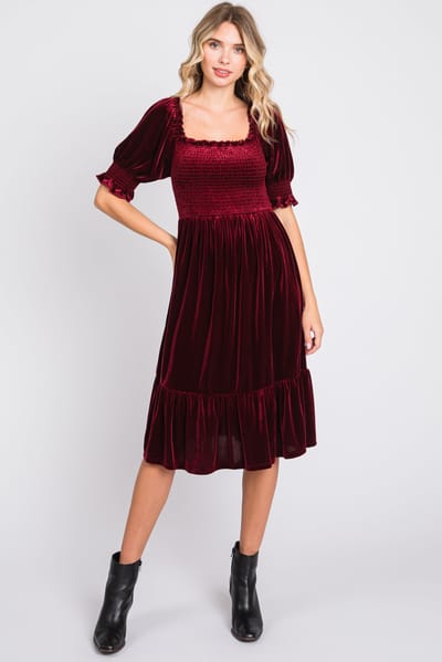 Hello Miz Burgundy Velvet Smocked Puff Sleeve Dress